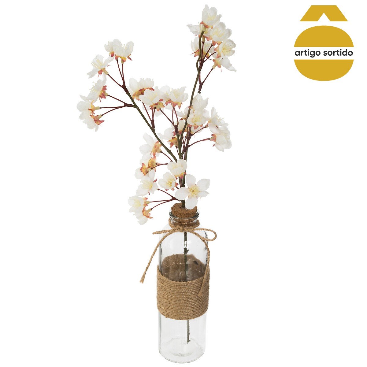 Vaso em vidro com fl&ocirc;r cerejeira 48cm