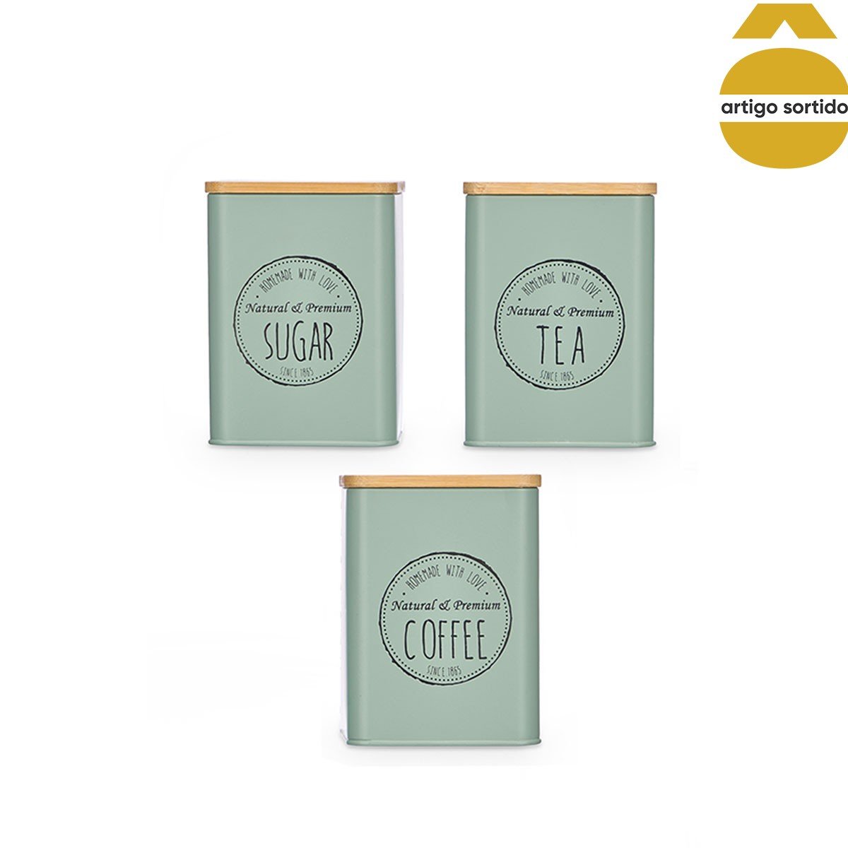 Lata verde de metal com tampa bambu 13,5cm