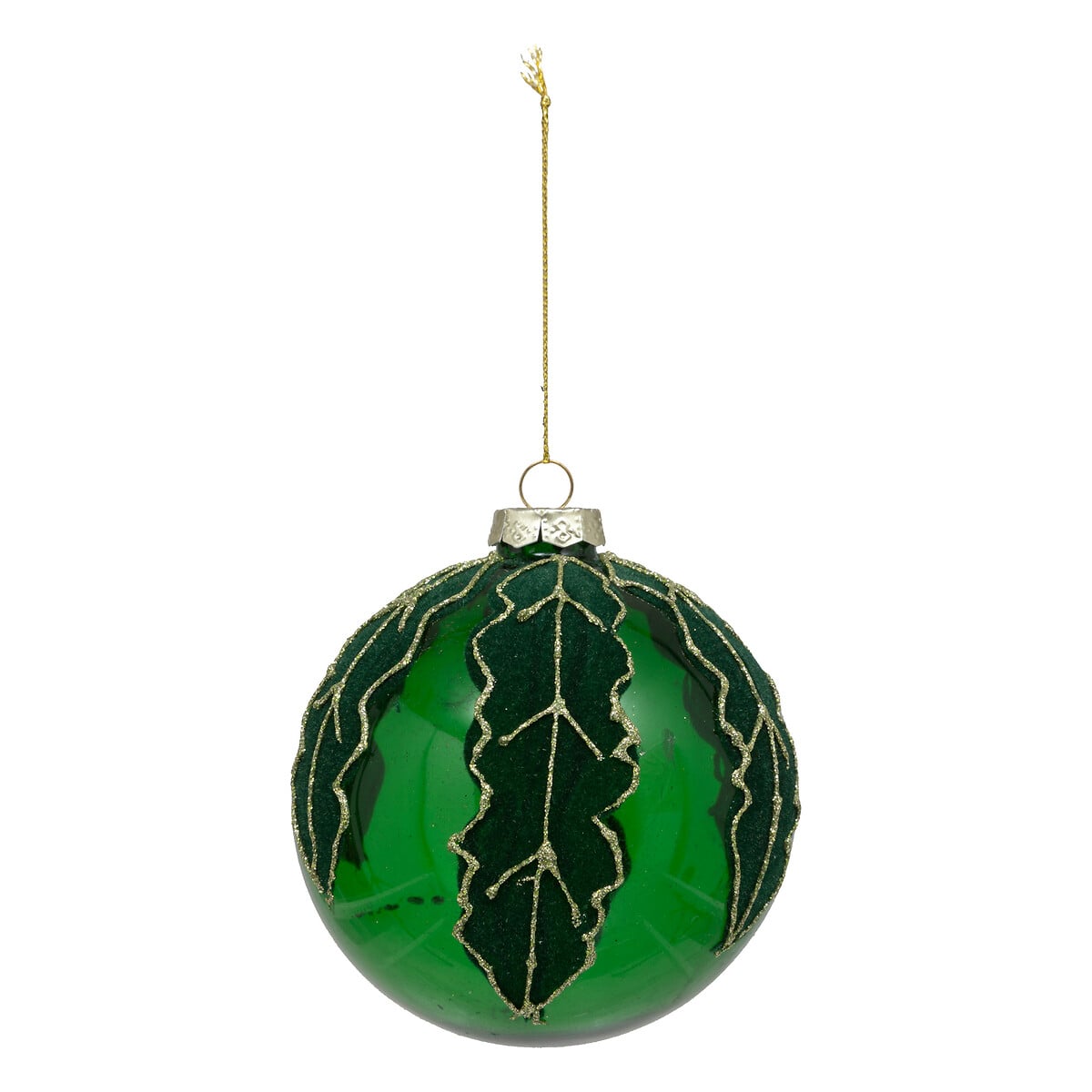 Bola verde azevinho com relevo em vidro 10cm