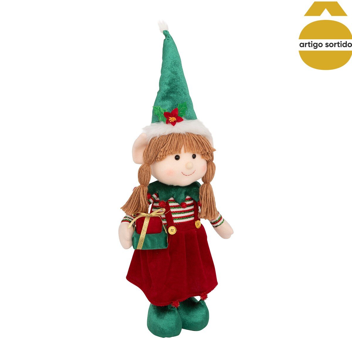 Figura elfo extensível com coroa/presente 95cm,  Figura elfo extensível com coroa/presente 95cm