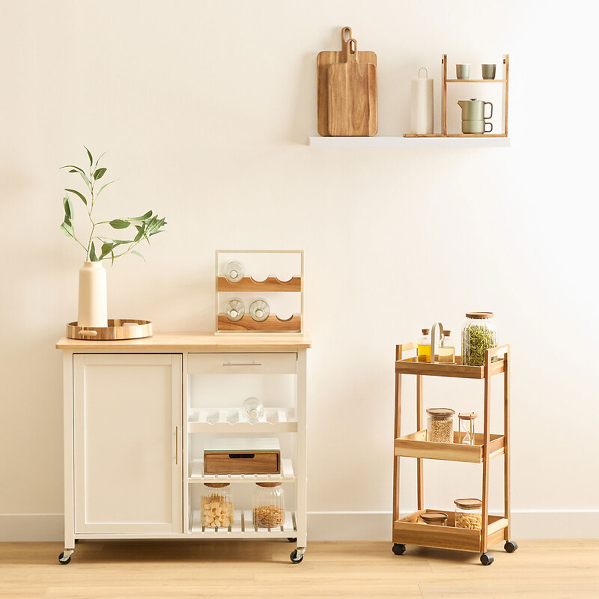 Trolley de cozinha em madeira ac&aacute;cia com 3 n&iacute;veis