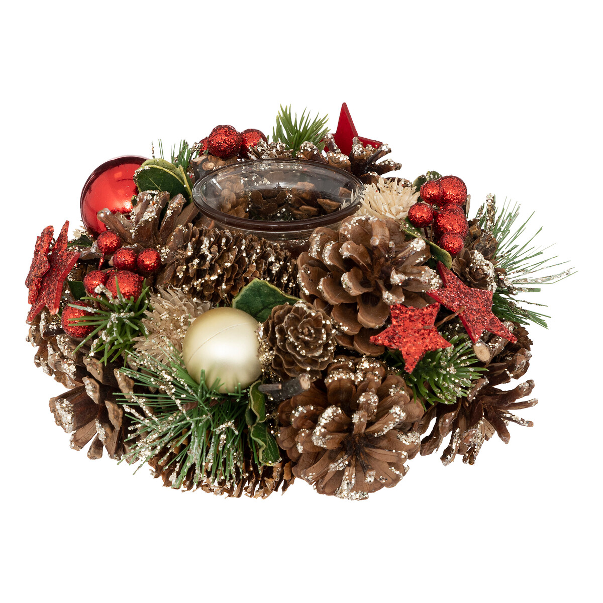 Castiçal forma de coroa com pinhas e ramos 19cm