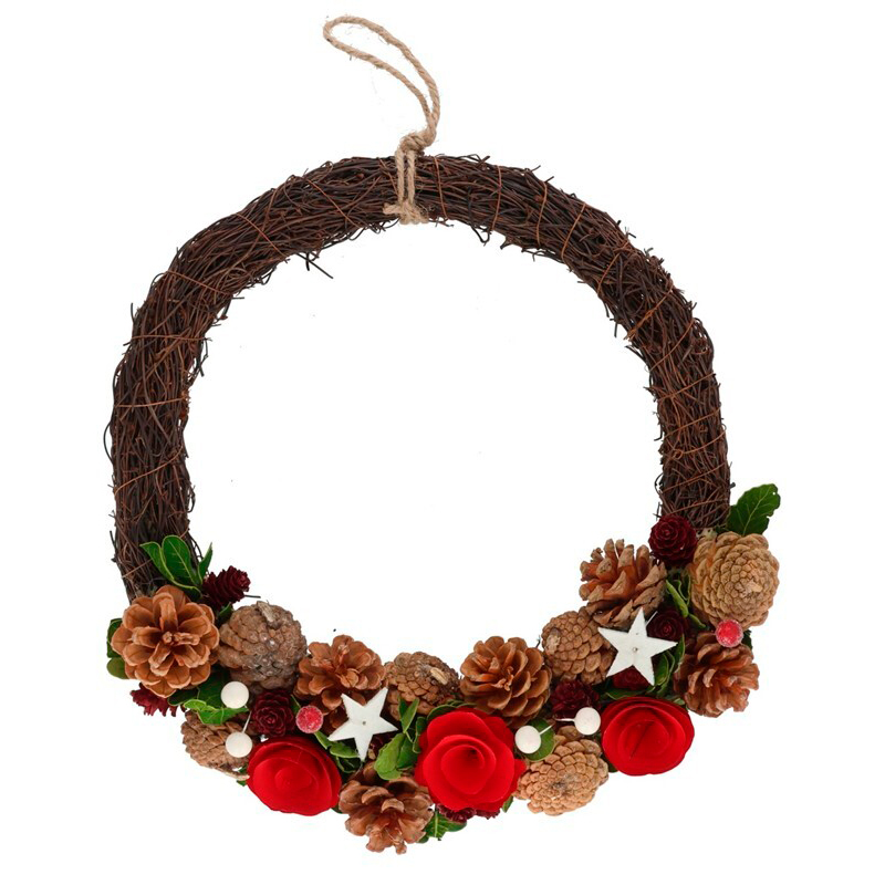 Coroa com pinhas, rosas e neve 35cm