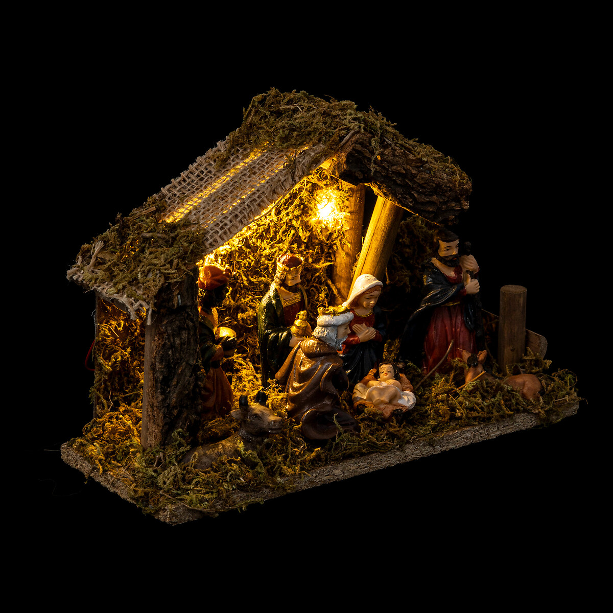 Pres&eacute;pio cabana com 7 figuras e led