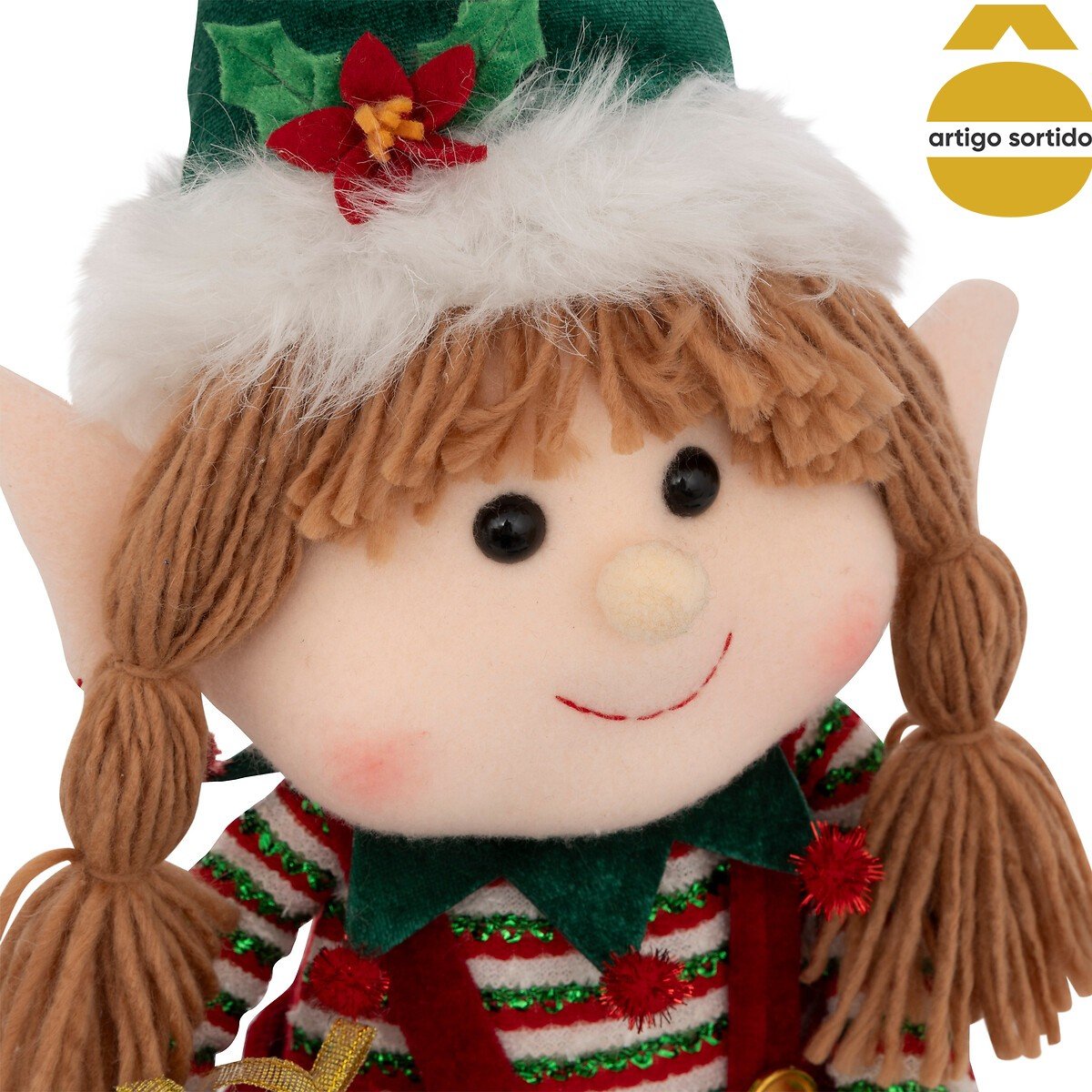 Figura elfo sentado com coroa/presente 68,5cm,  Figura elfo sentado com coroa/presente 68,5cm