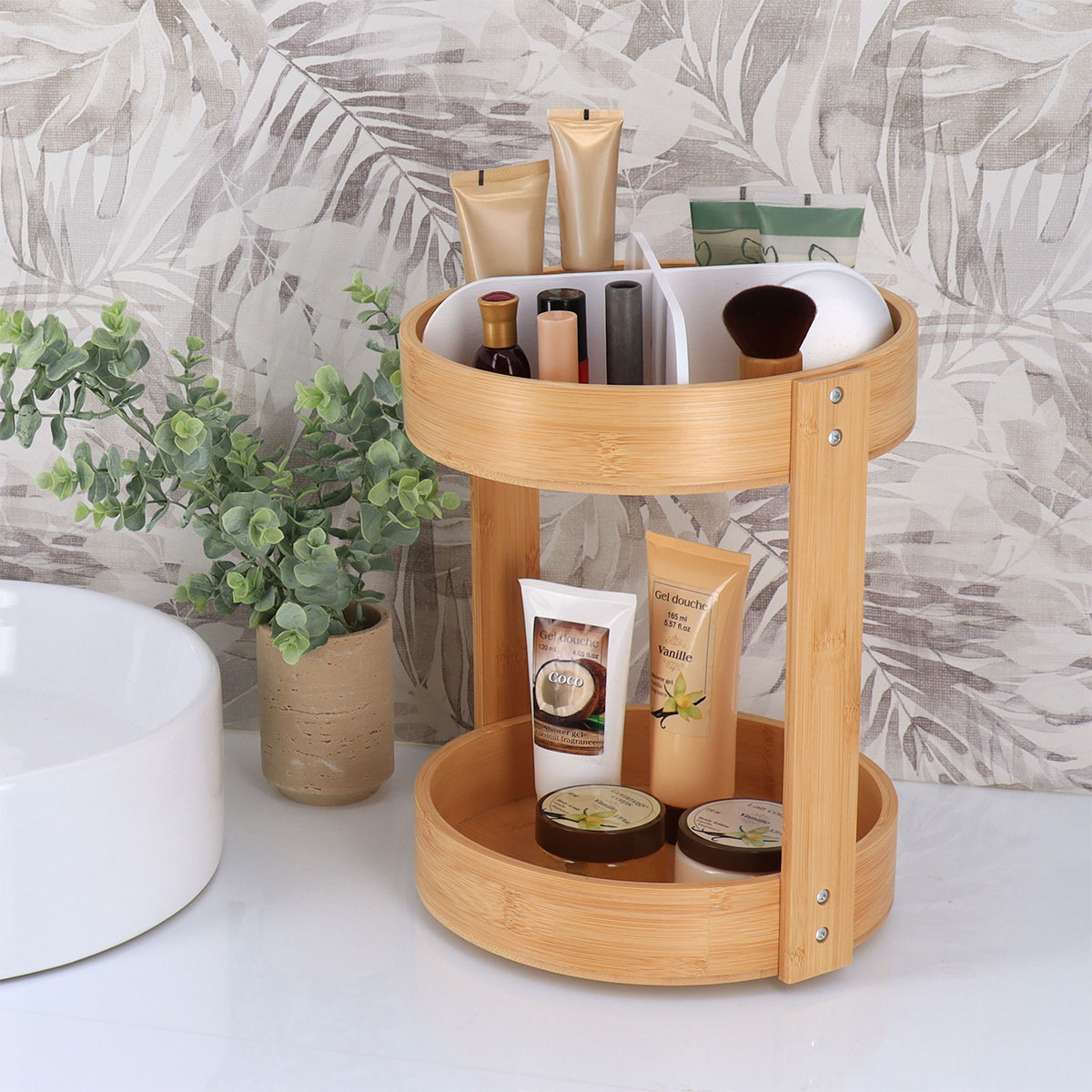 Organizador rotativo com duas prateleiras branco em bambu