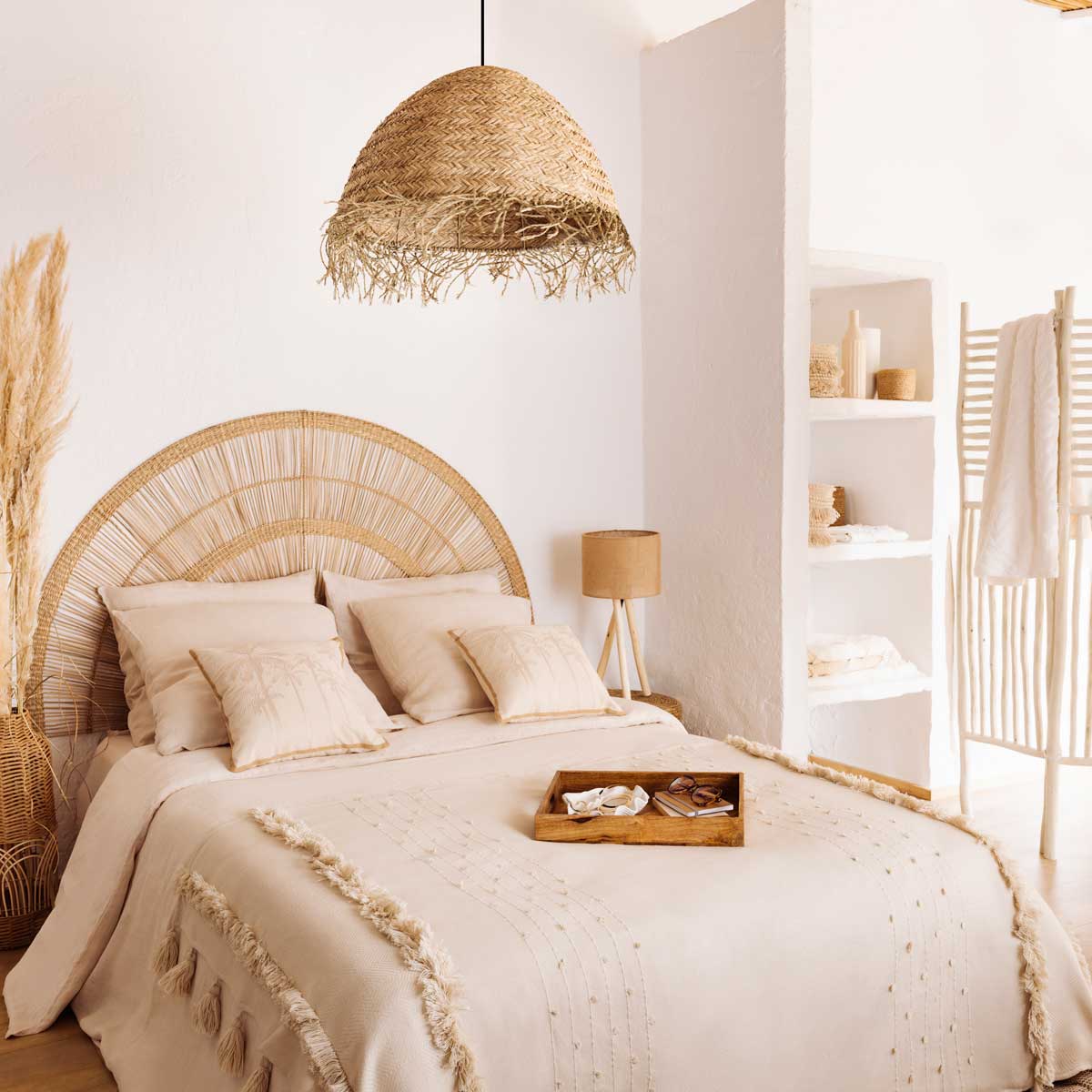 Candeeiro de teto bege em r&aacute;fia e metal SEA VIEW