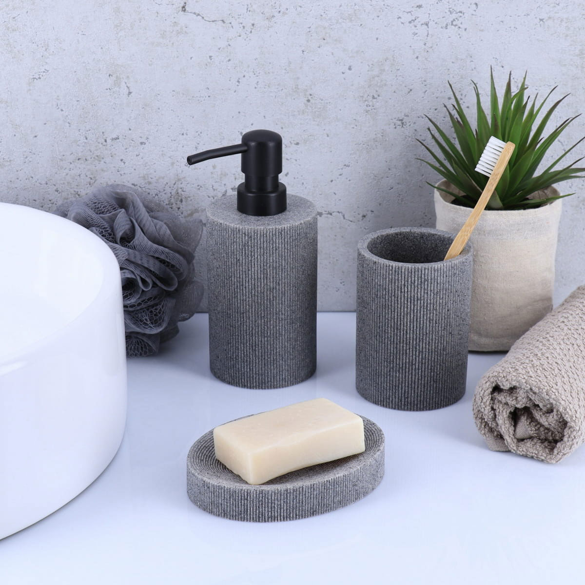 Saboneteira WC poliresina estriado cinza