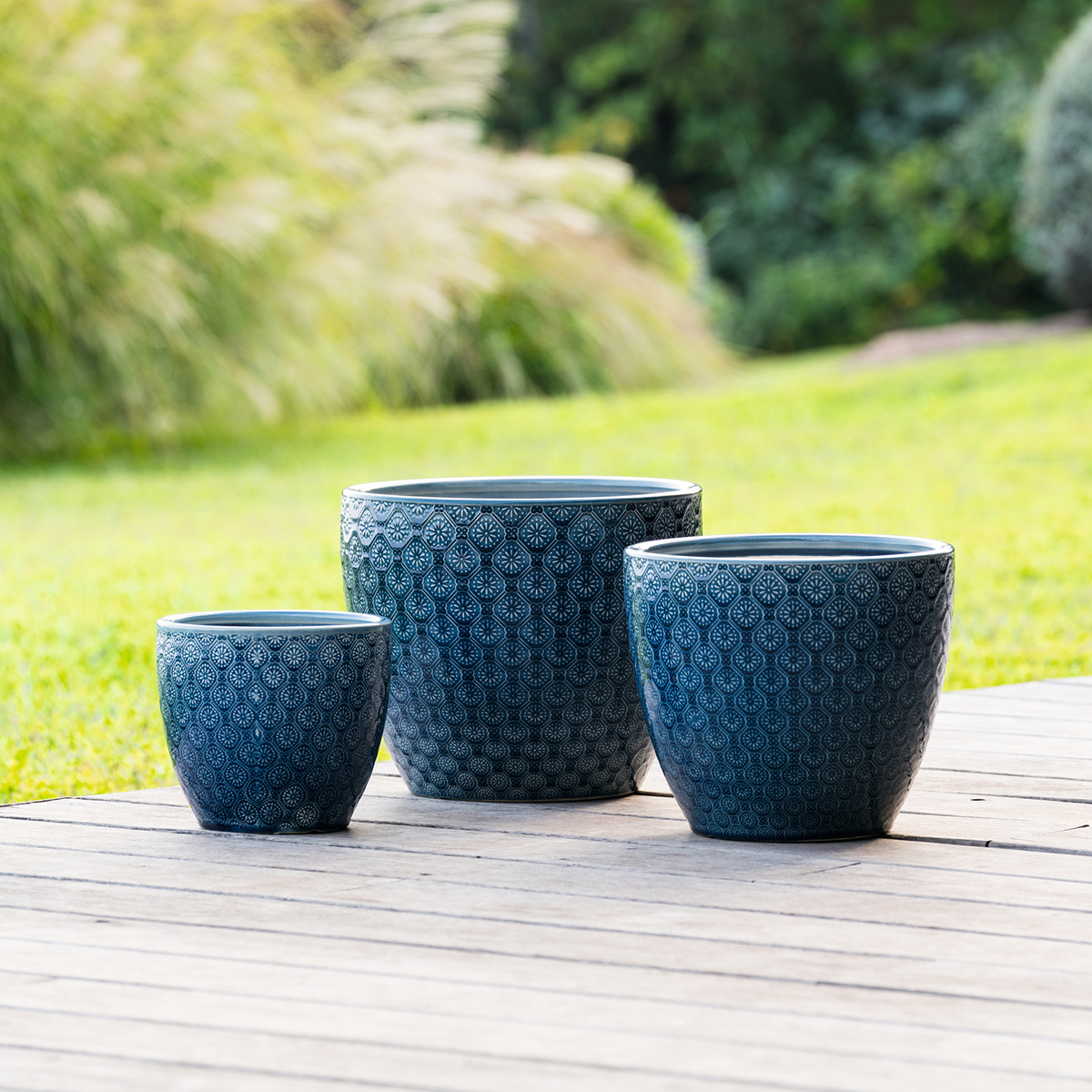 Vaso azul flor em cerâmica 25cm