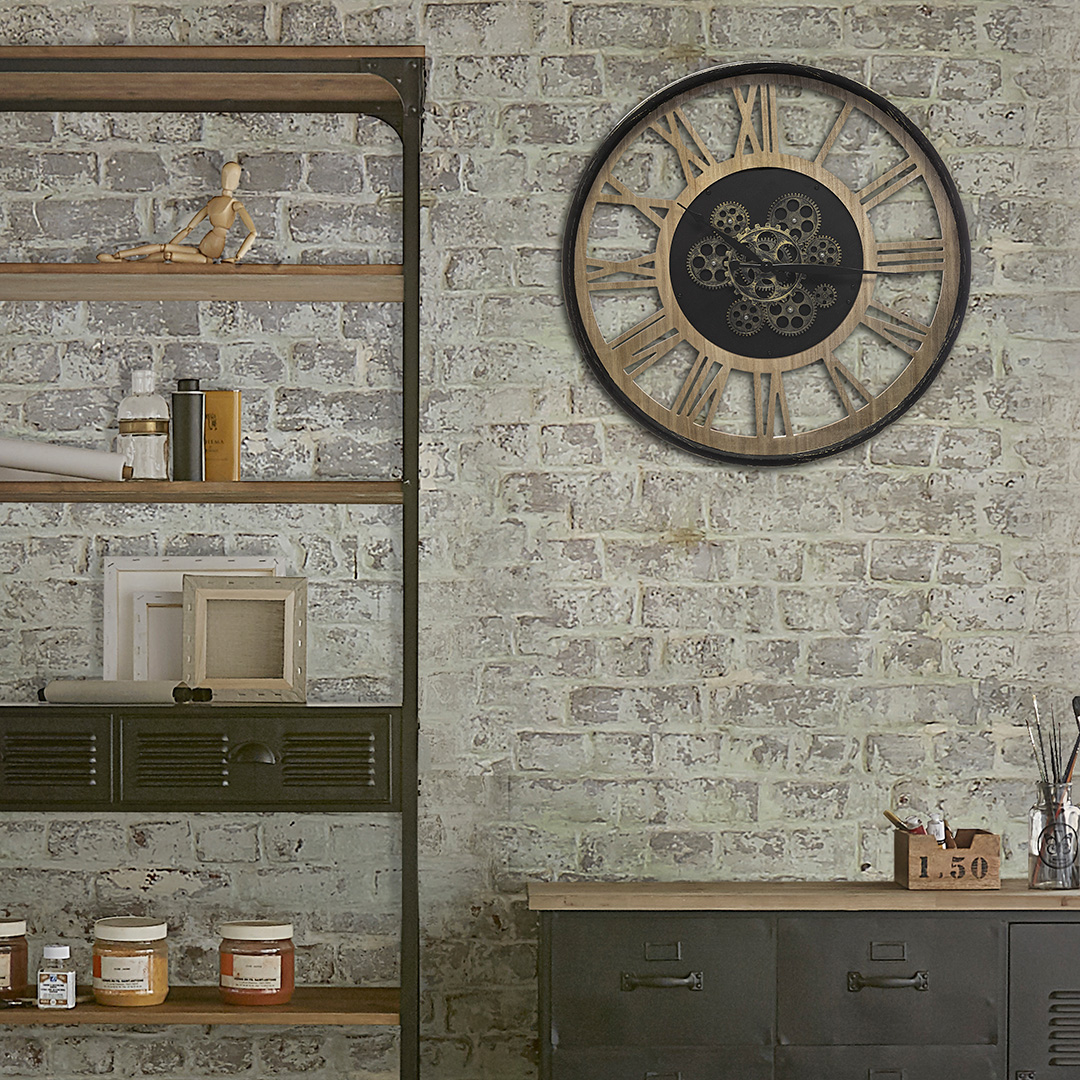 Relógio de parede preto em metal e madeira 57cm