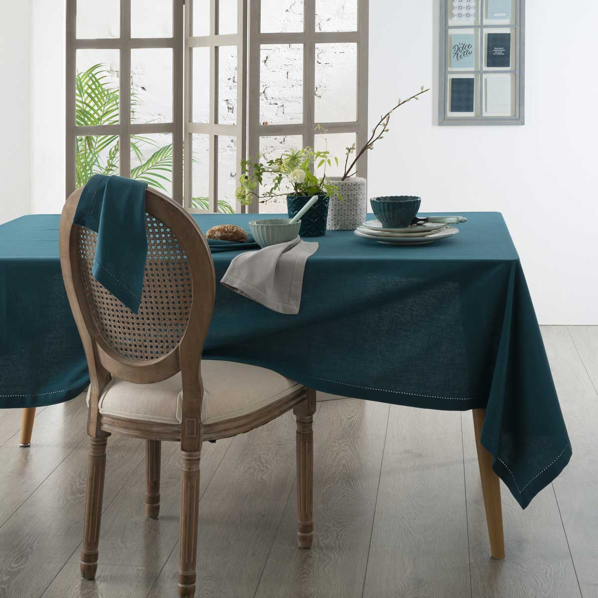 Toalha de mesa CHAMBRAY verde esmeralda em algod&atilde;o 140x240cm