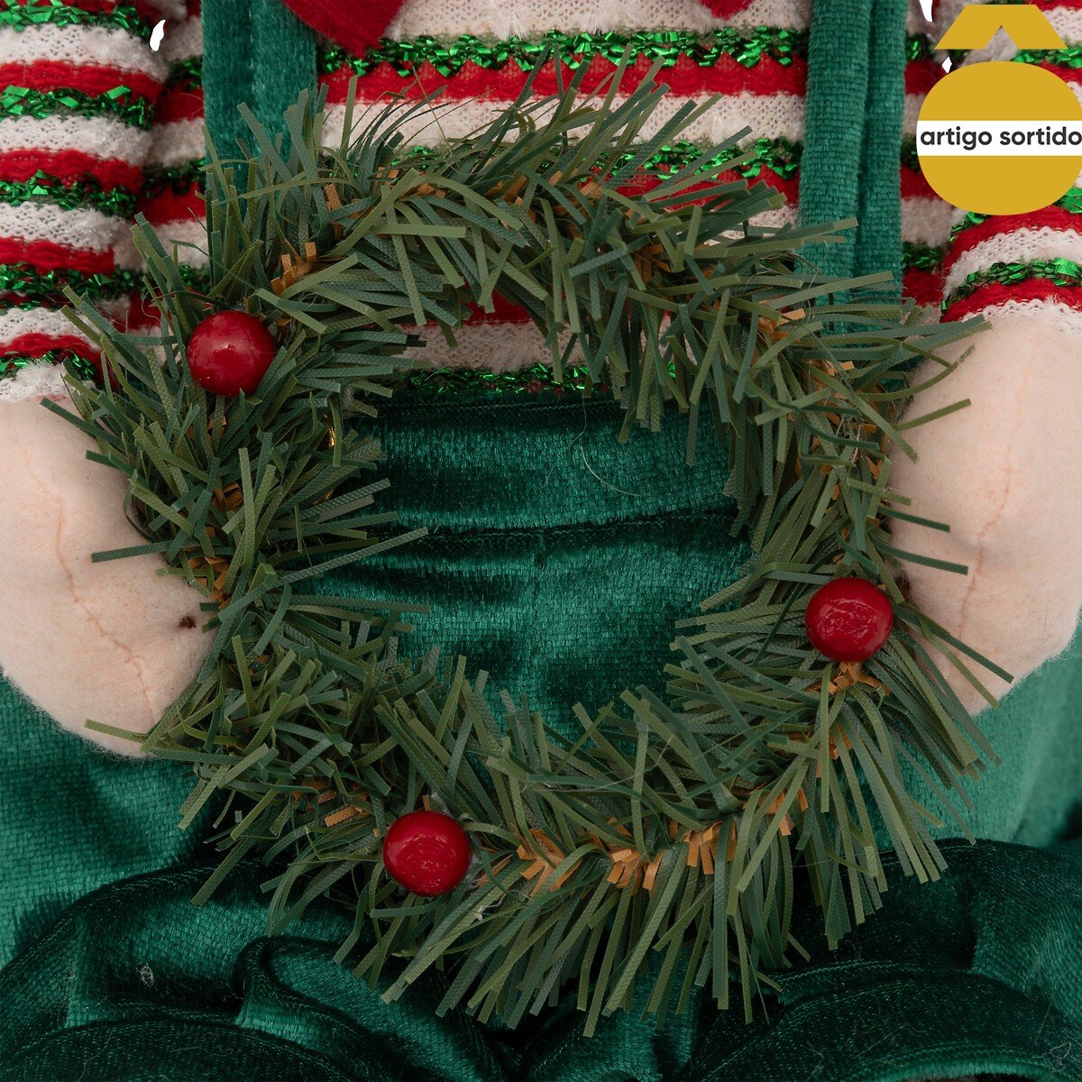 Figura elfo sentado com coroa/presente 68,5cm,  Figura elfo sentado com coroa/presente 68,5cm