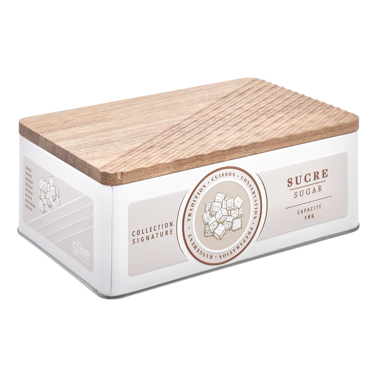 Lata para a&ccedil;&uacute;car bege de metal com tampa