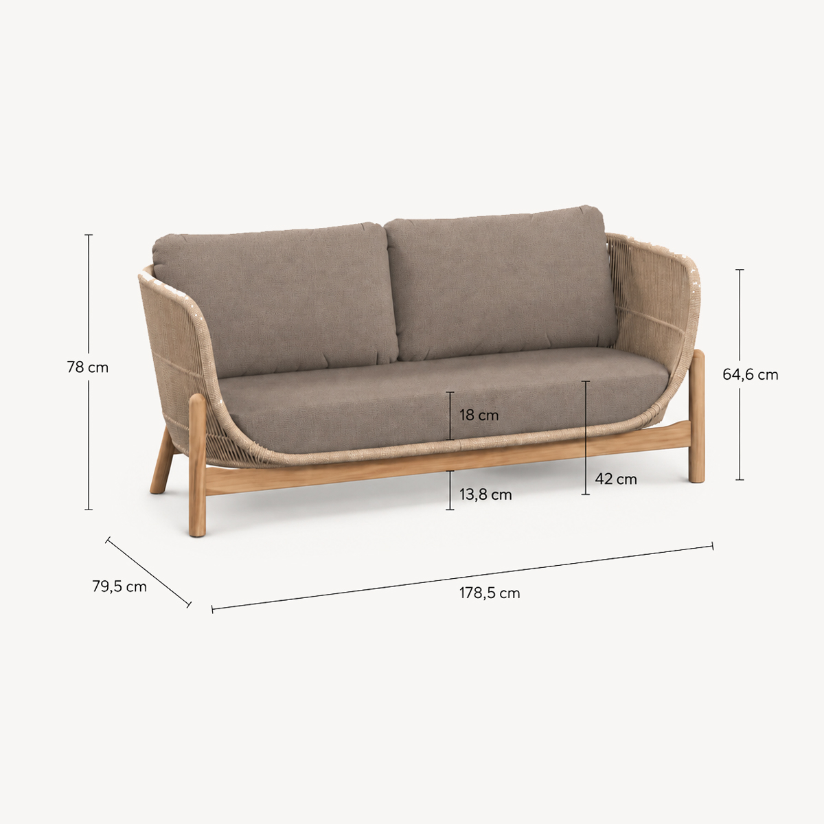 Sof&aacute; DEONA madeira ac&aacute;cia taupe 2 lugares