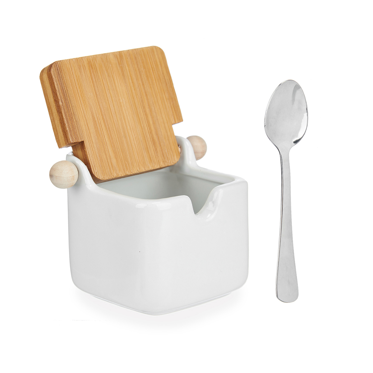 A&ccedil;ucareiro branco em cer&acirc;mica com tampa em bambu 190ml