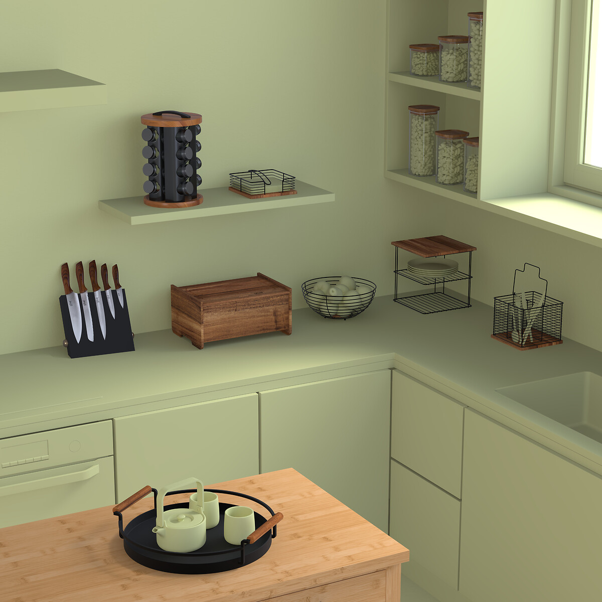 Fruteira preta em metal e madeira acácia 28cm