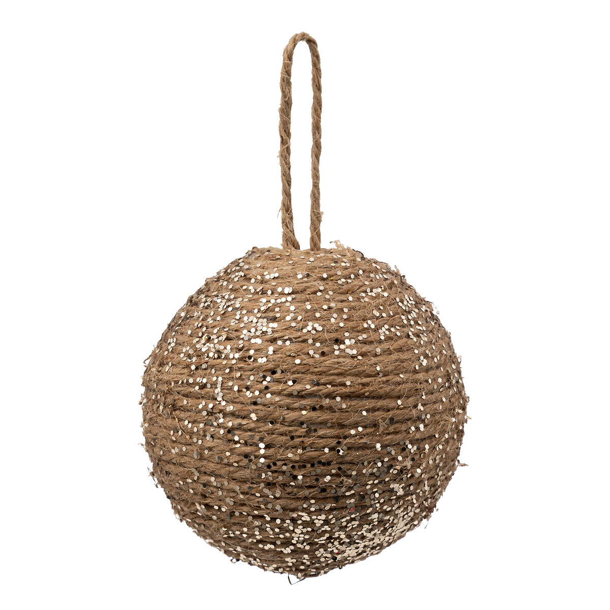 Pendurante bola de corda natural com glitter dourado 8cm