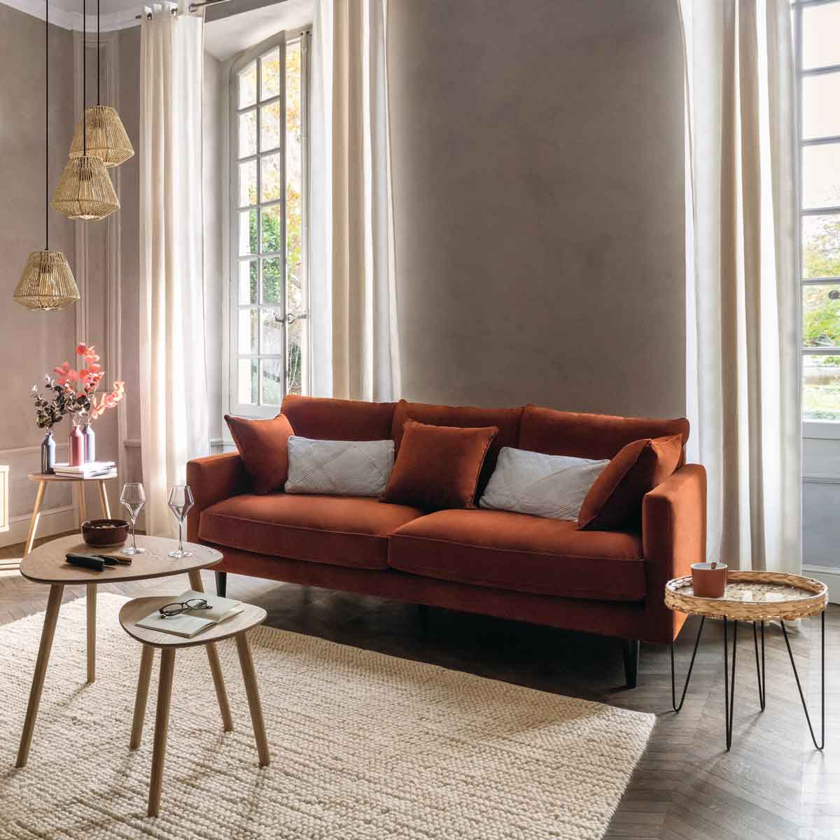 Sofá CANDICE terracota de veludo 194cm
