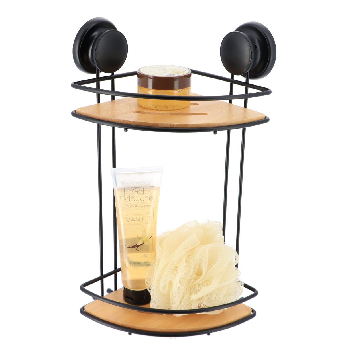 Suporte de canto preto com 2 n&iacute;veis em metal e bambu