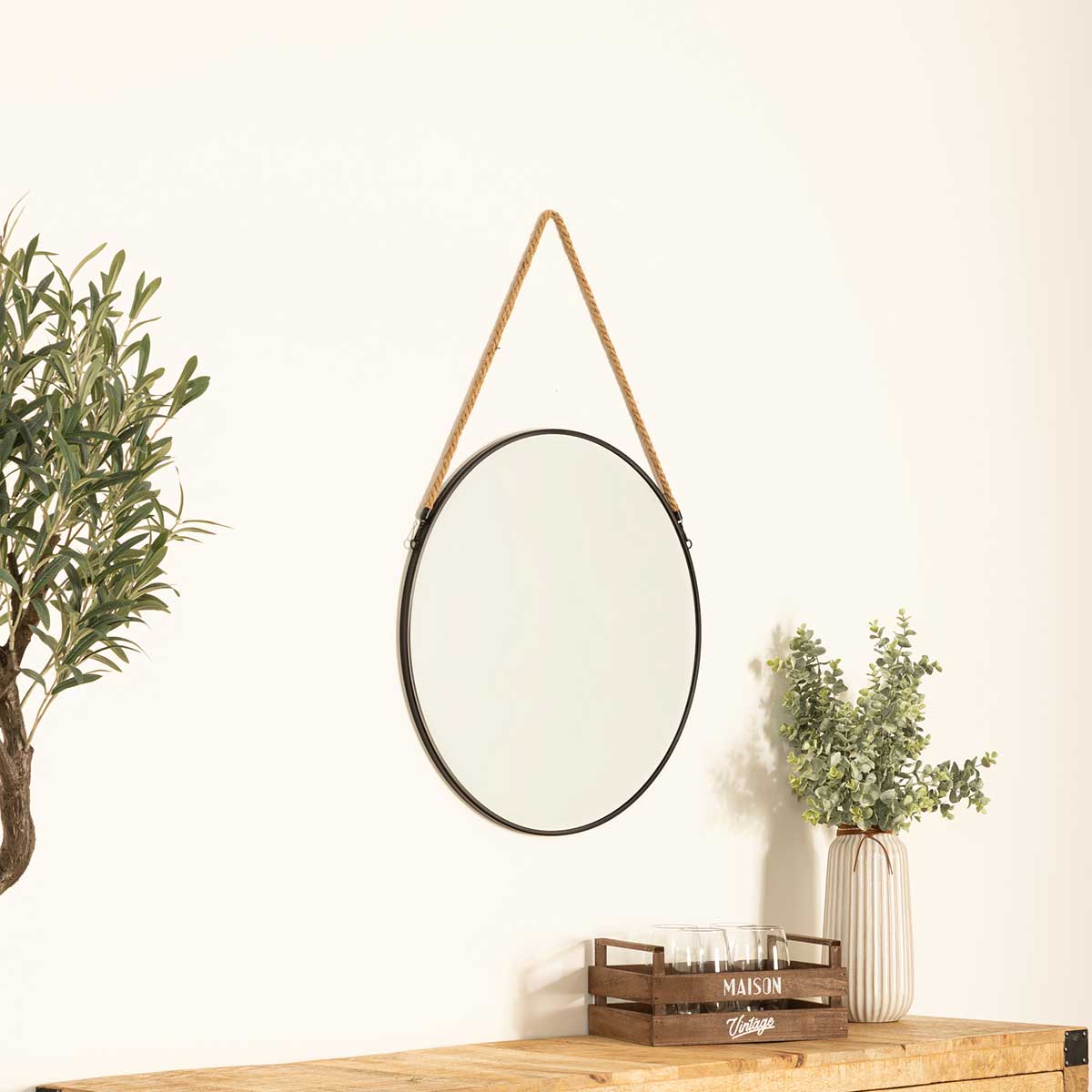 Espelho de parede ETNIC redondo preto com corda 55cm