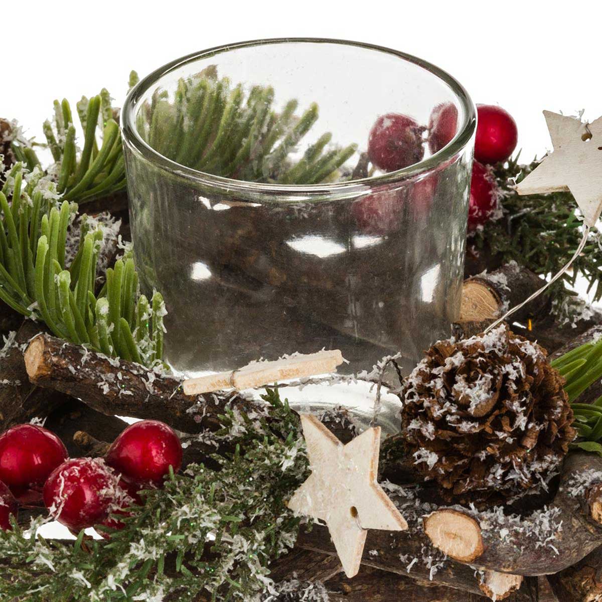 Casti&ccedil;al para 4 tealights em madeira e vidro