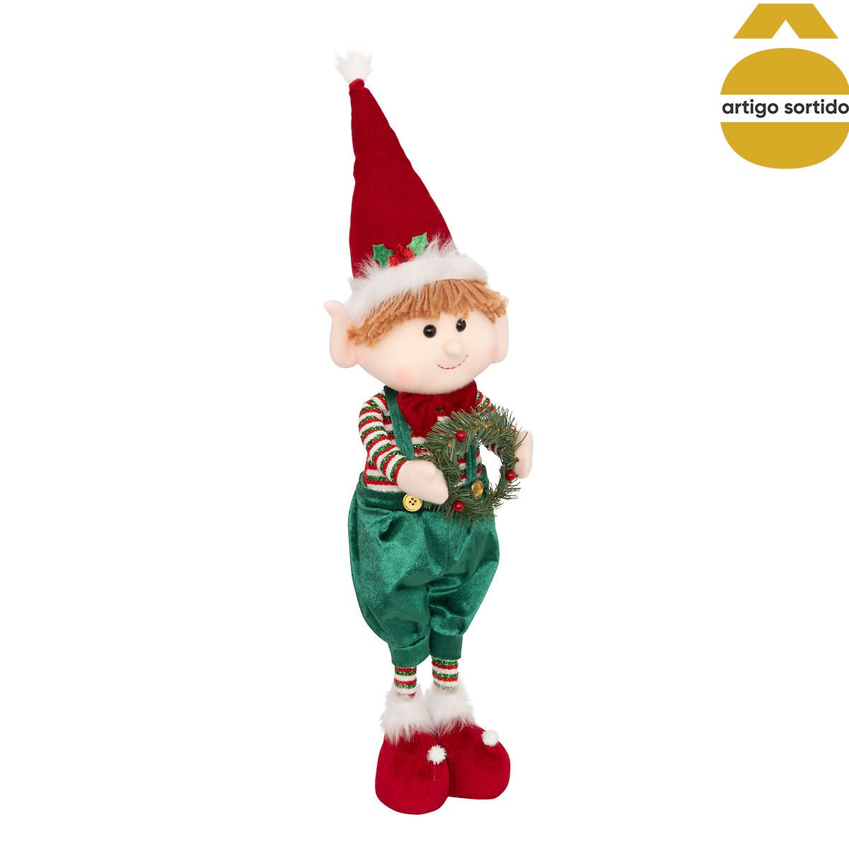 Figura elfo com coroa/presente 68,5cm,  Figura elfo com coroa/presente 68,5cm