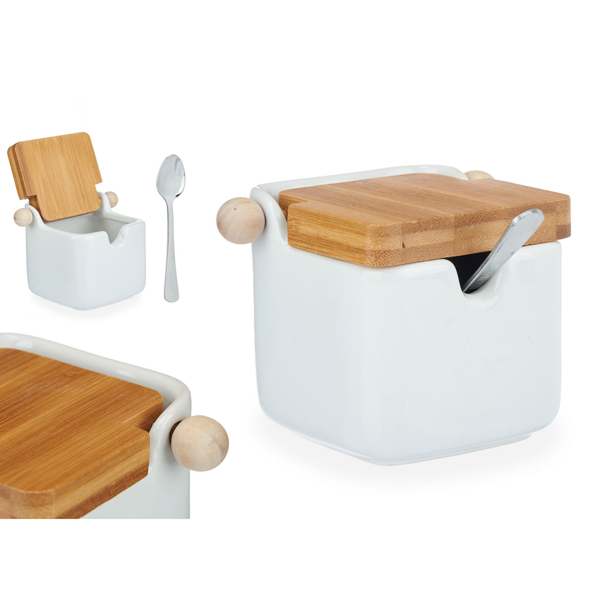 Açucareiro branco em cerâmica com tampa em bambu 190ml,  Açucareiro branco em cerâmica com tampa em bambu 190ml