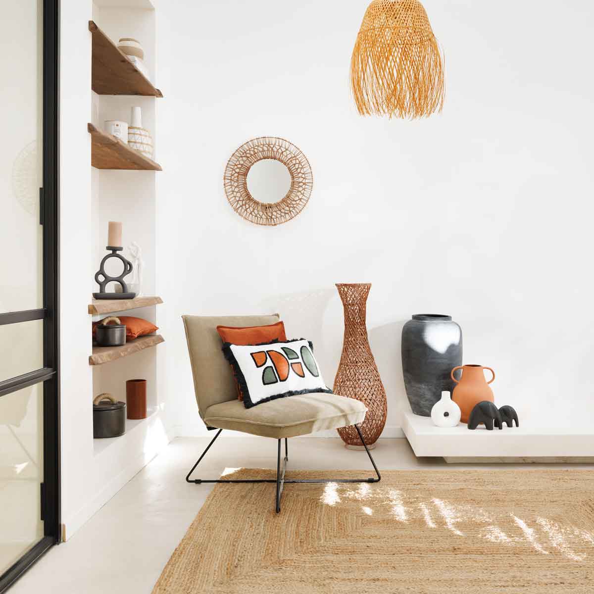 Candeeiro de pé ELOISE bege em rattan 100cm,  Candeeiro de pé ELOISE bege em rattan 100cm