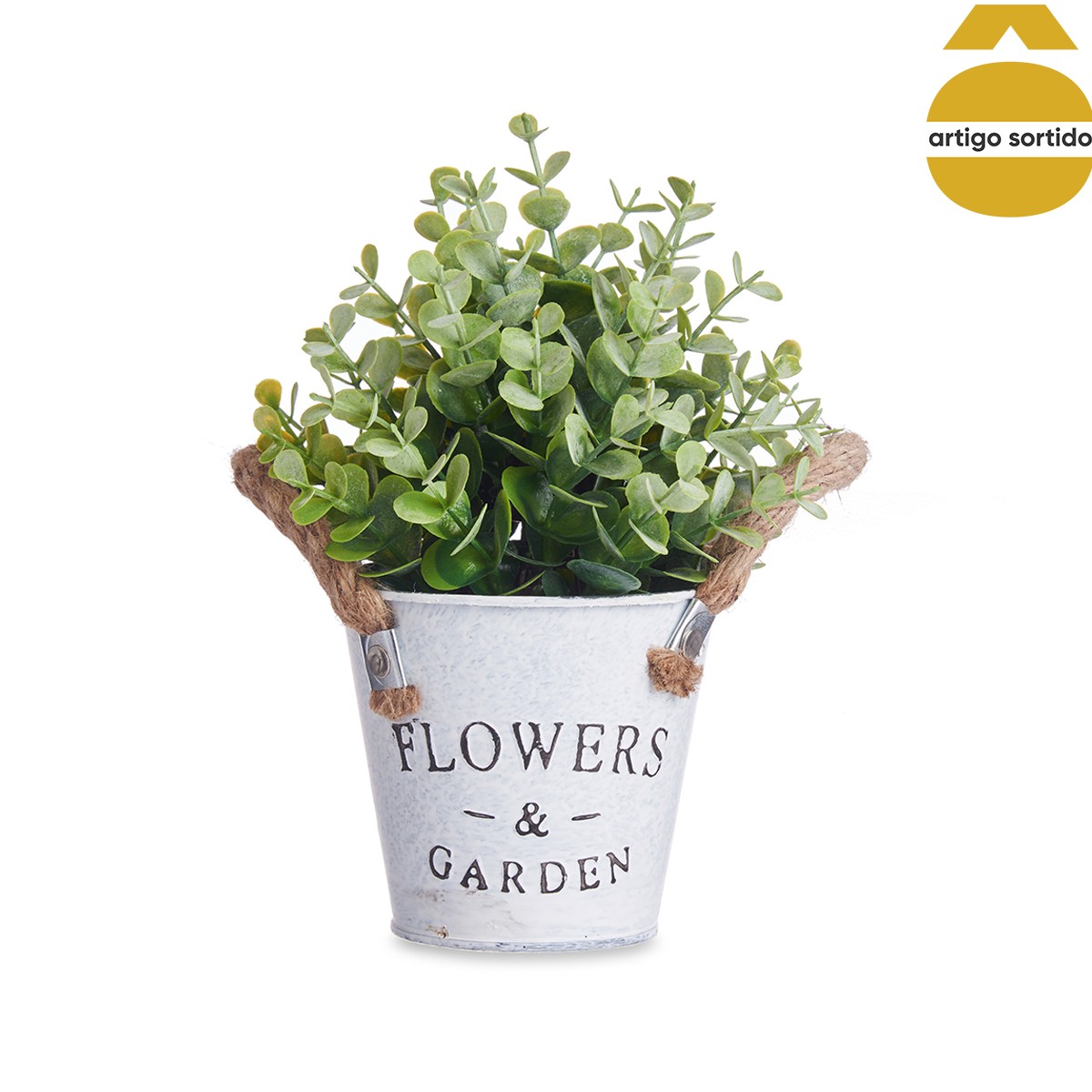 Vaso de metal com planta artificial verde 24cm