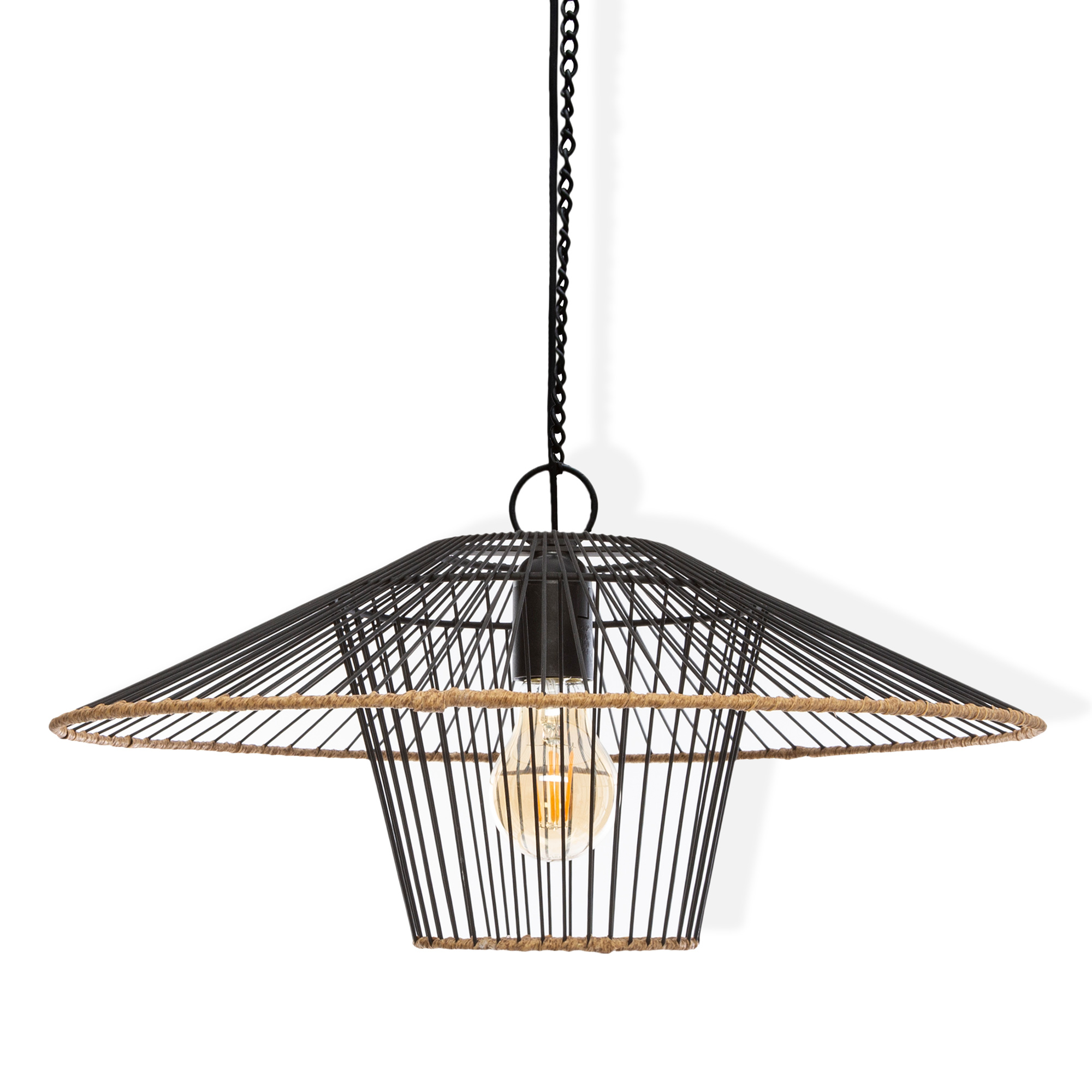 Suspens&atilde;o Preta Em Metal E Rattan