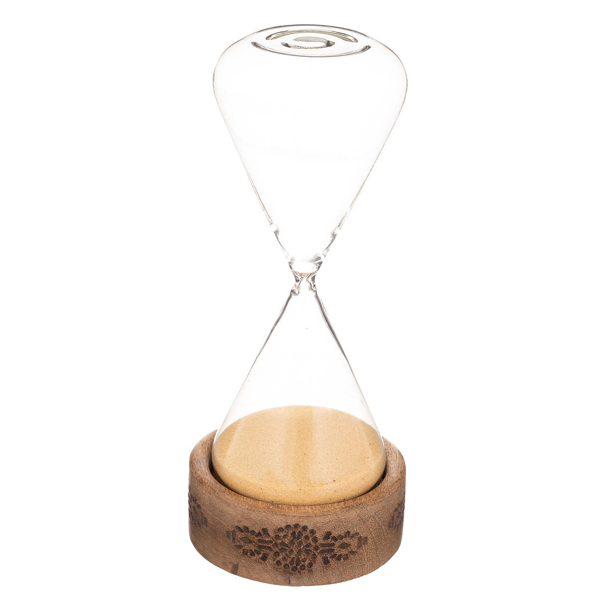 Ampulheta de vidro com base em madeira