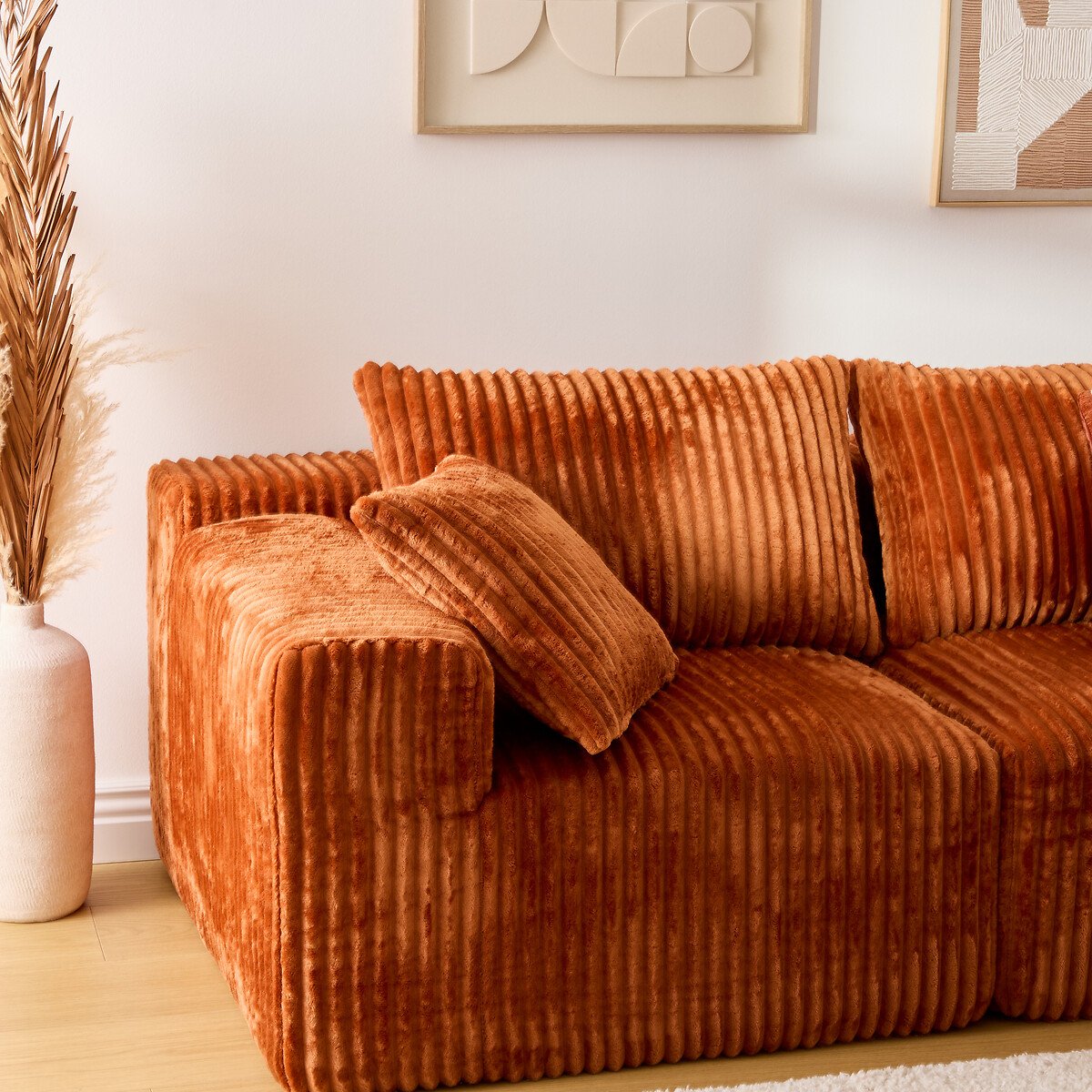 Sof&aacute; SOLKA tecido &acirc;mbar com chaise longue