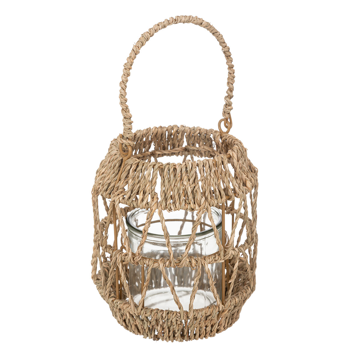 Lanterna em rattan bege com casti&ccedil;al de vidro