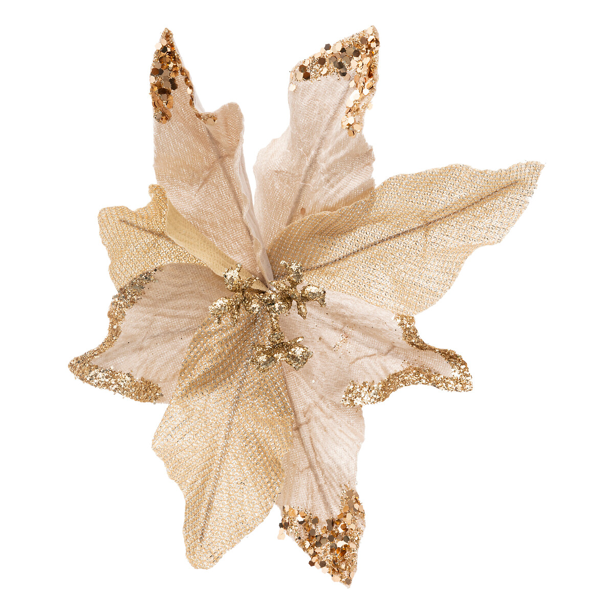 Flor poins&eacute;tia bege e dourado com mola
