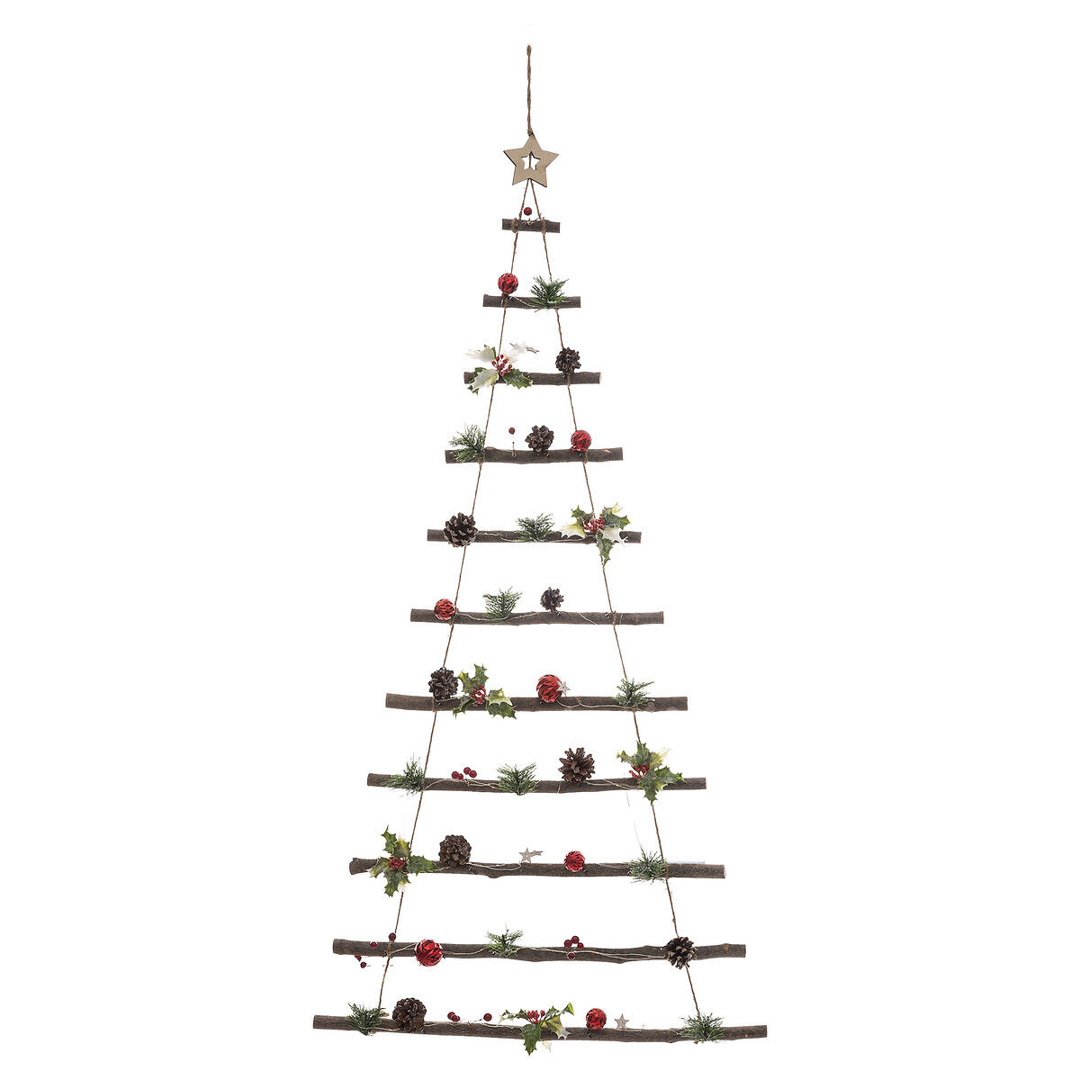 &Aacute;rvore suspensa com led decorada com pinhas e bagas