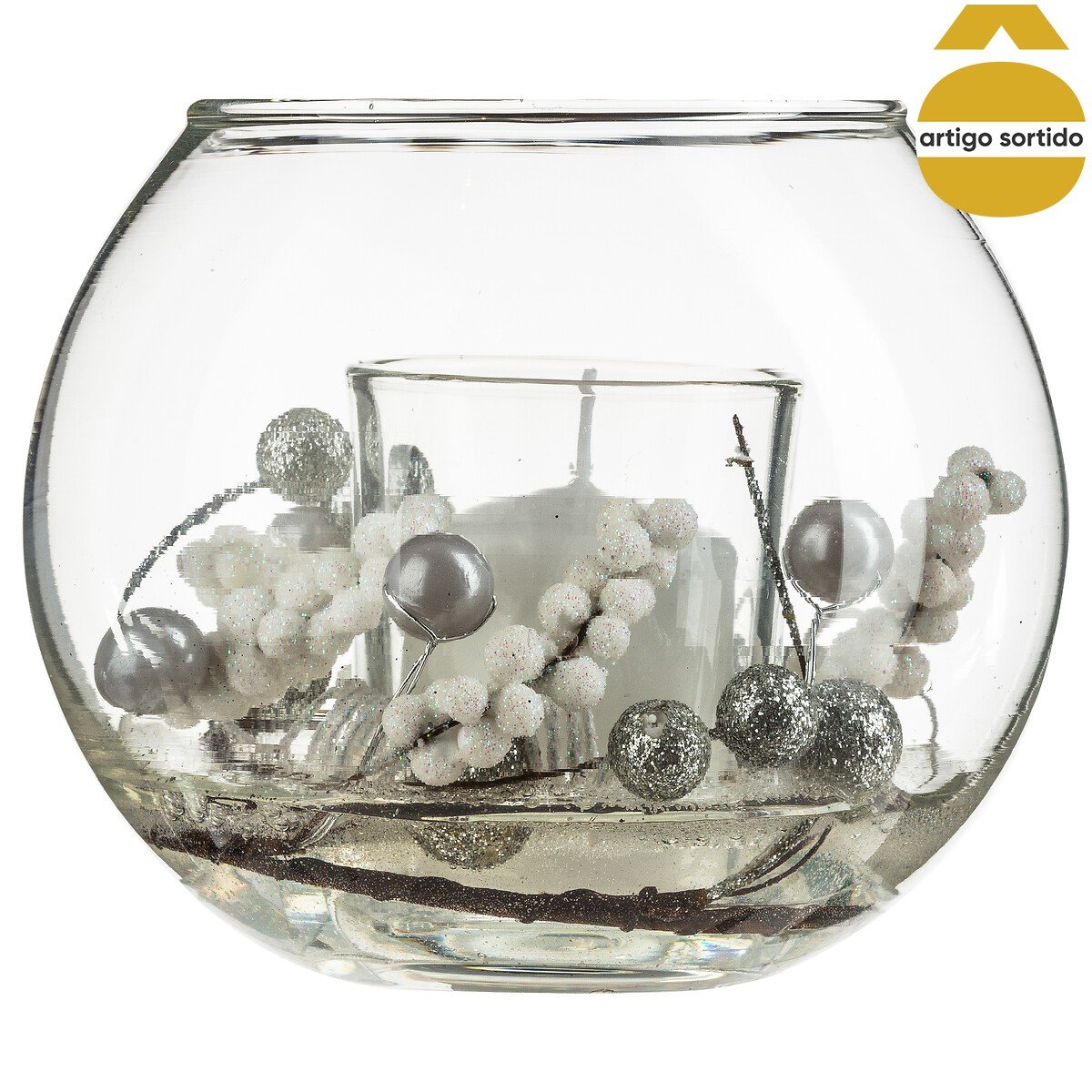 Vela com arranjo natal&iacute;cio em casti&ccedil;al de vidro