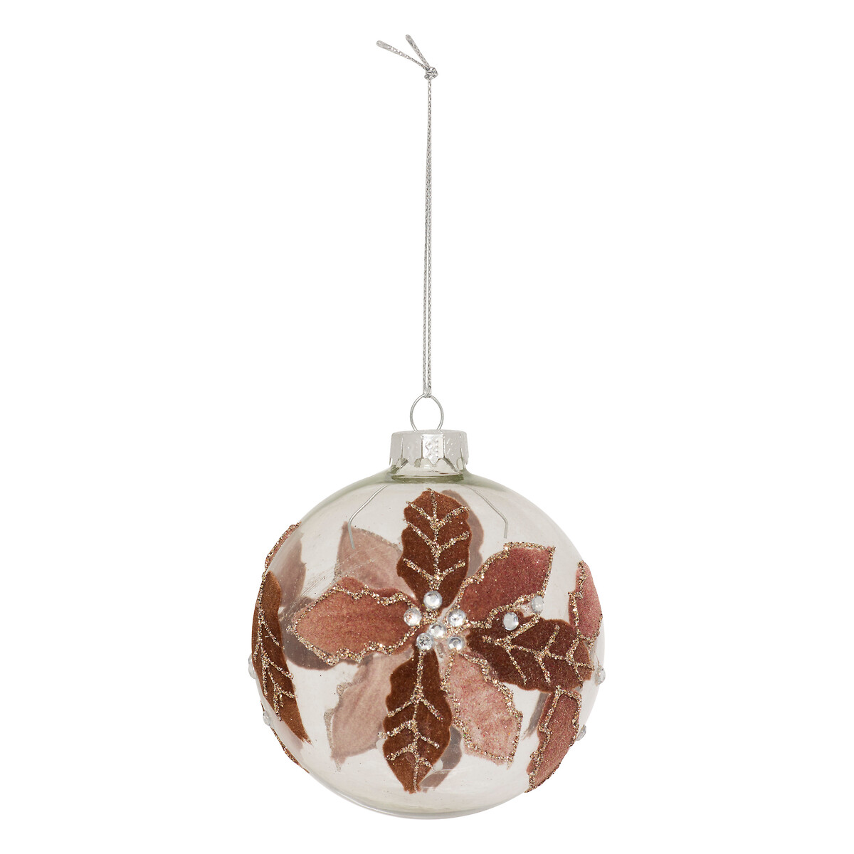 Bola de natal com folhas e p&eacute;rolas 8cm