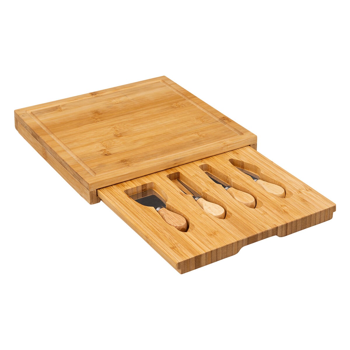 T&aacute;bua para queijo em bambu com 4 facas