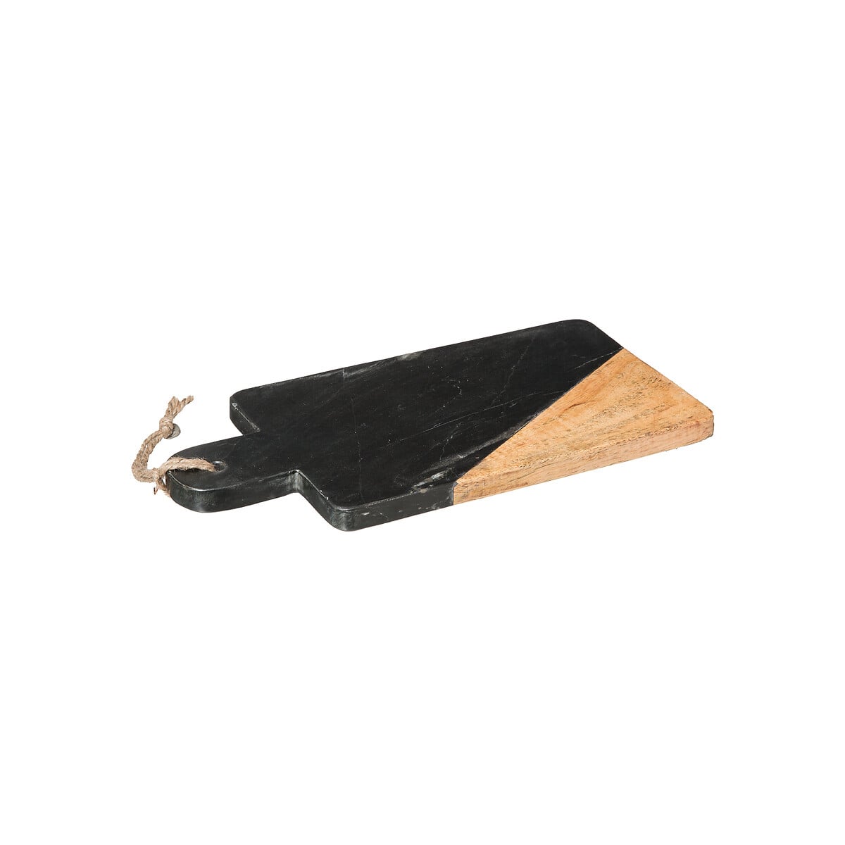 T&aacute;bua de servir preta de m&aacute;rmore e madeira 30x15cm