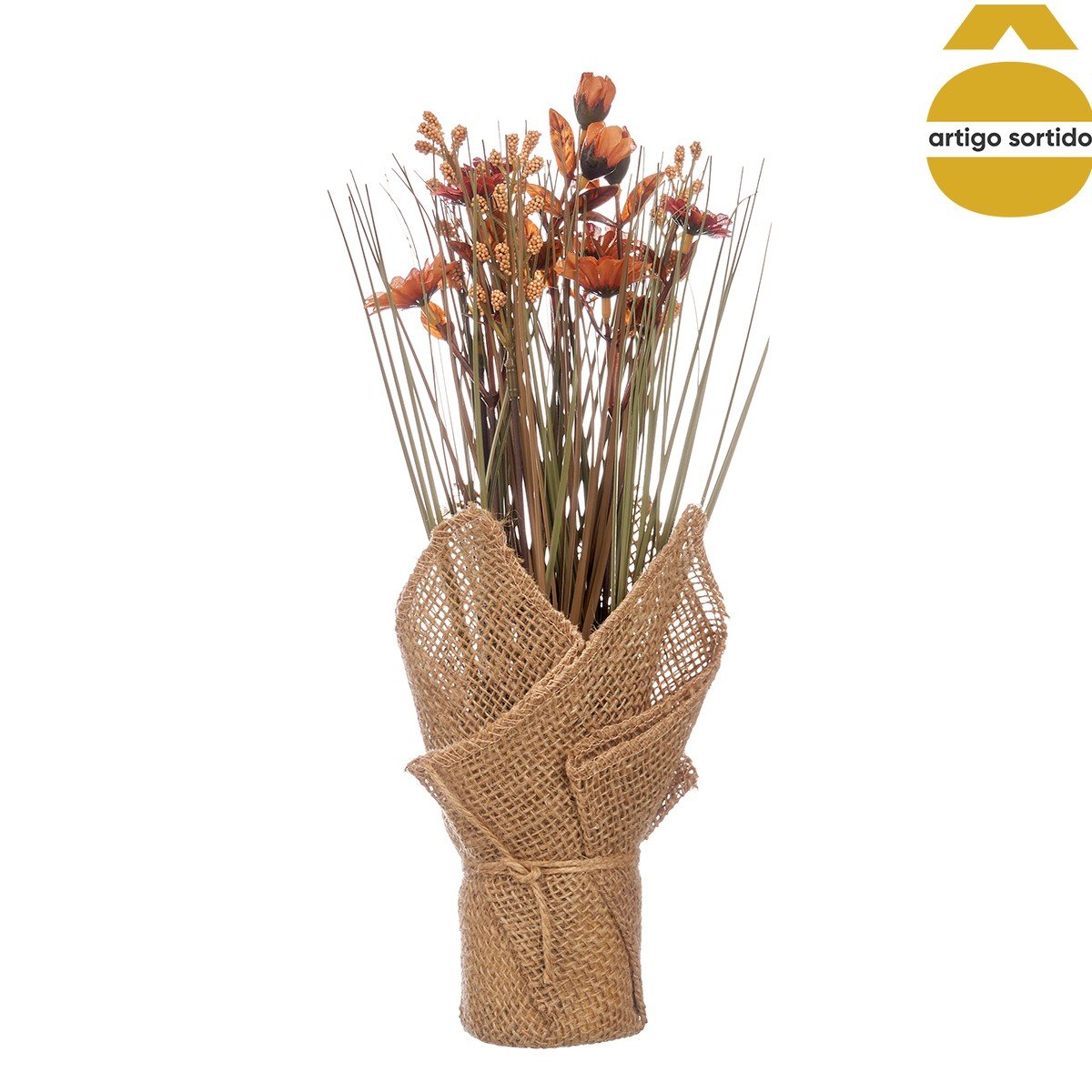 Vaso saco em r&aacute;fia com flores artificiais