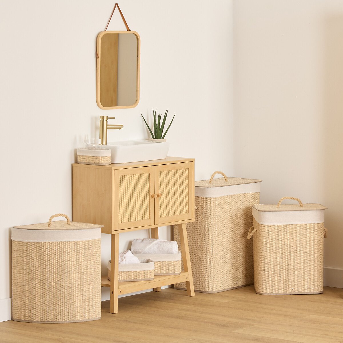 Conjunto de 3 cestos STEMPY de arruma&ccedil;&atilde;o wc bege