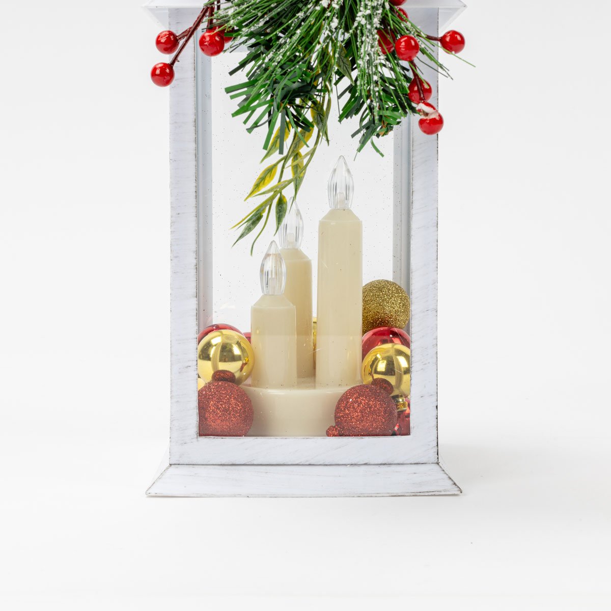 Lanterna decorativa luminosa com pinhas e bagas