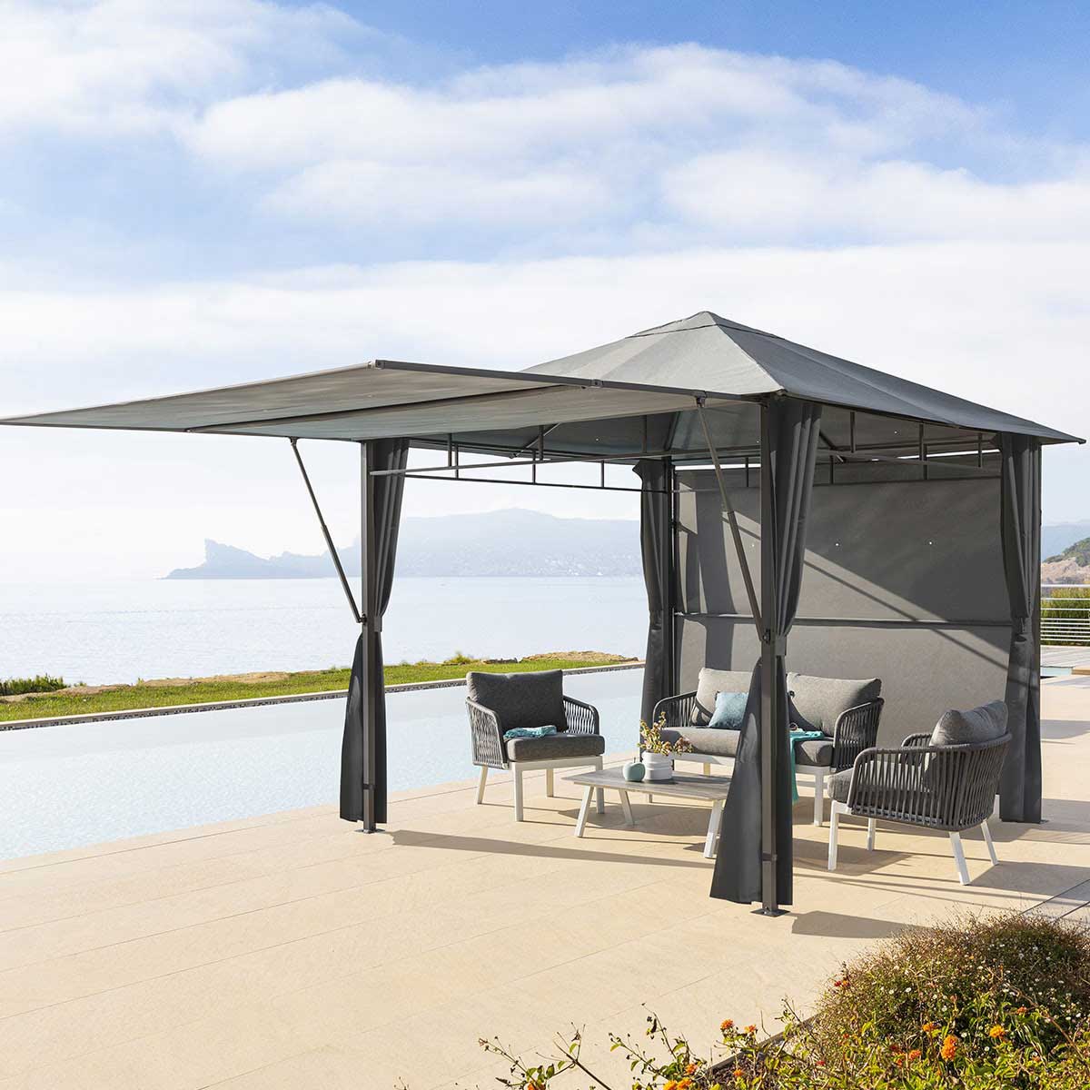 P&eacute;rgola OMELYA ard&oacute;sia com cortinas 3x3m