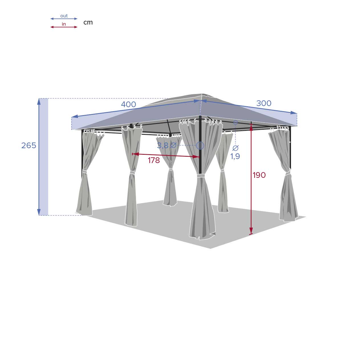 Pérgola SANTORINI cinza ardósia com cortinas 3x4m,  Pérgola SANTORINI cinza ardósia com cortinas 3x4m