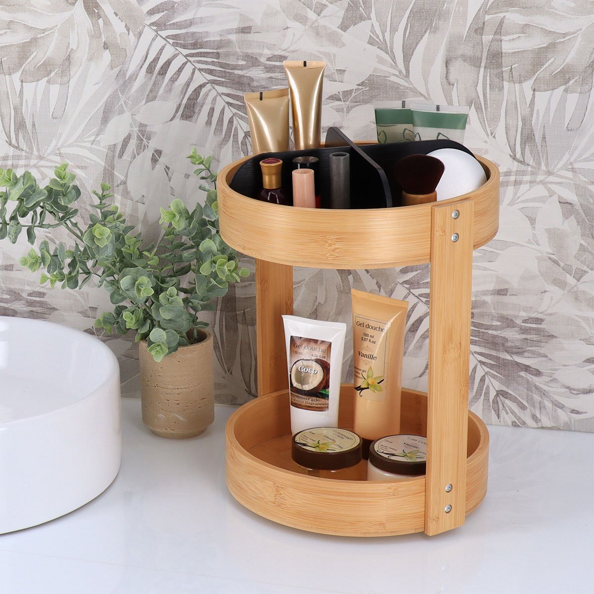 Organizador rotativo com duas prateleiras preto em bambu