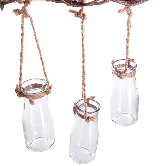 Suspensão de madeira com 5 jarras de vidro,  Suspensão de madeira com 5 jarras de vidro