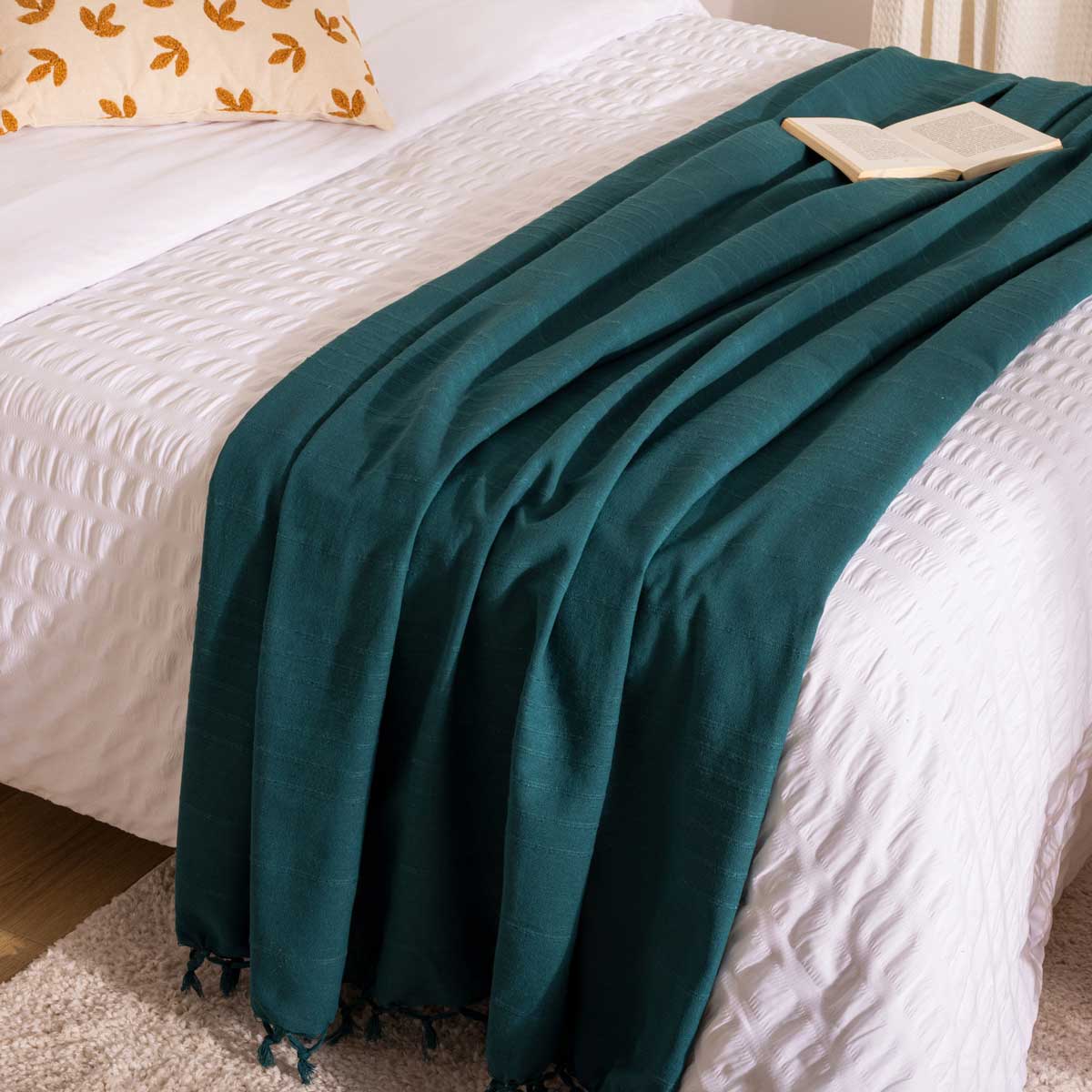 Manta azul petr&oacute;leo com franjas 230x250cm