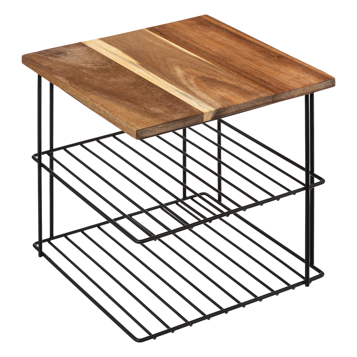 Estante com 2 n&iacute;veis em ferro e madeira ac&aacute;cia