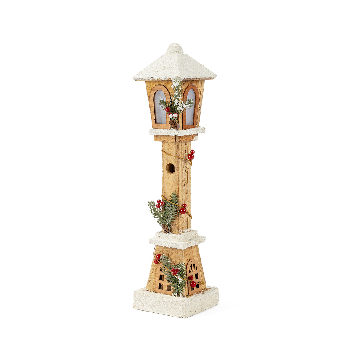 Lanterna decorativa em madeira com bagas e leds 52,5cm