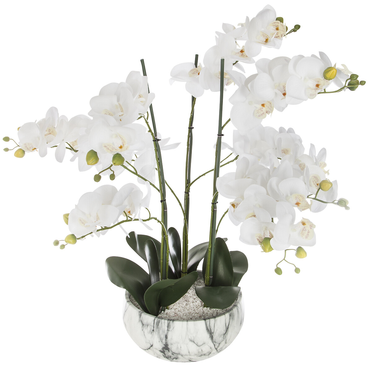 Vaso efeito m&aacute;rmore com orqu&iacute;dea artifical branca 65cm